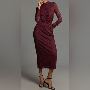 By Anthropologie Mocked-Neck Lace Burgundy Dress-Large